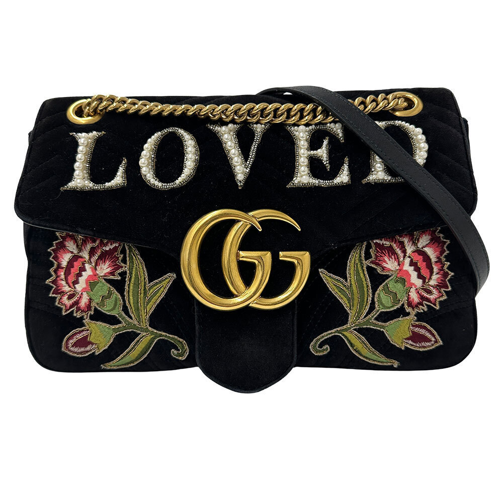 Gucci shoulder bag leather velour GG Marmont black chain flower pearl